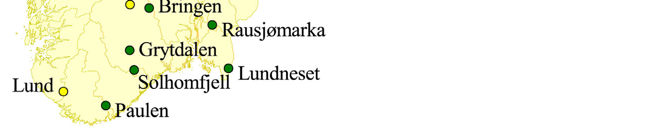 Overvåking av langtransporterte forurensninger 27. Sammendragsrapport (TA-2422/28) Figur 38. Kart over overvåkingsområdene for markvegetasjon i gran- og bjørkeskog.