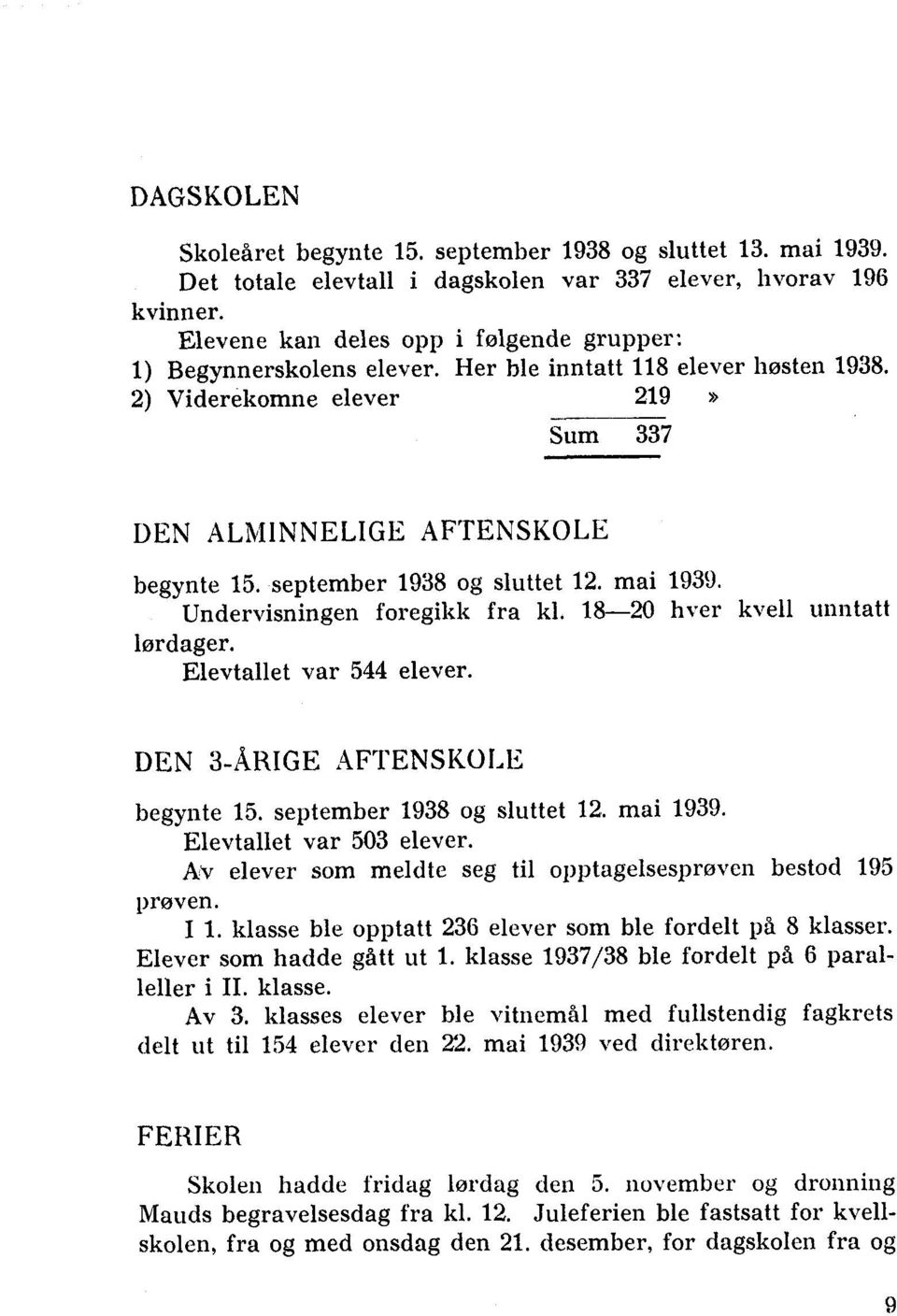 september 1938 og sluttet 12. mai 1939. Undervisningen foregikk fra kl. 18-20 hver kvell unntatt lørdager. Elevtallet var 544 elever. DEN 3-ÅRIGE AFTENSKOLE begynte 15. september 1938 og sluttet 12.