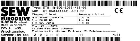 Oppbygging av enheten MOVIFIT -SNI Eksempel ABOX Bildet under viser merkeskiltet og typebetegnelsen til MOVIFIT -SNI-ABOX: 858859 MT A A - 50 -S0 - M - 00 / M Opsjon ABOX M =