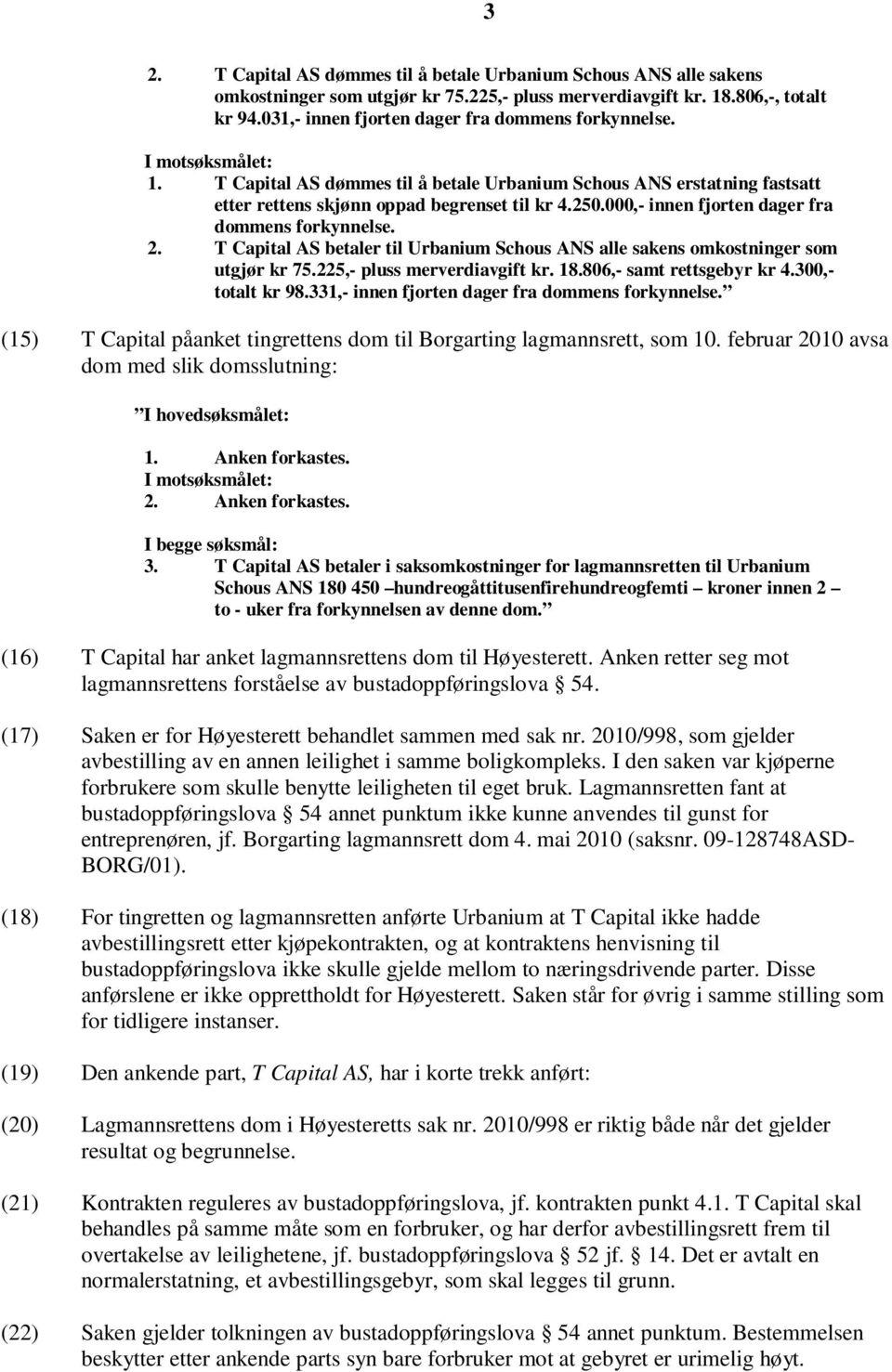 000,- innen fjorten dager fra dommens forkynnelse. 2. T Capital AS betaler til Urbanium Schous ANS alle sakens omkostninger som utgjør kr 75.225,- pluss merverdiavgift kr. 18.