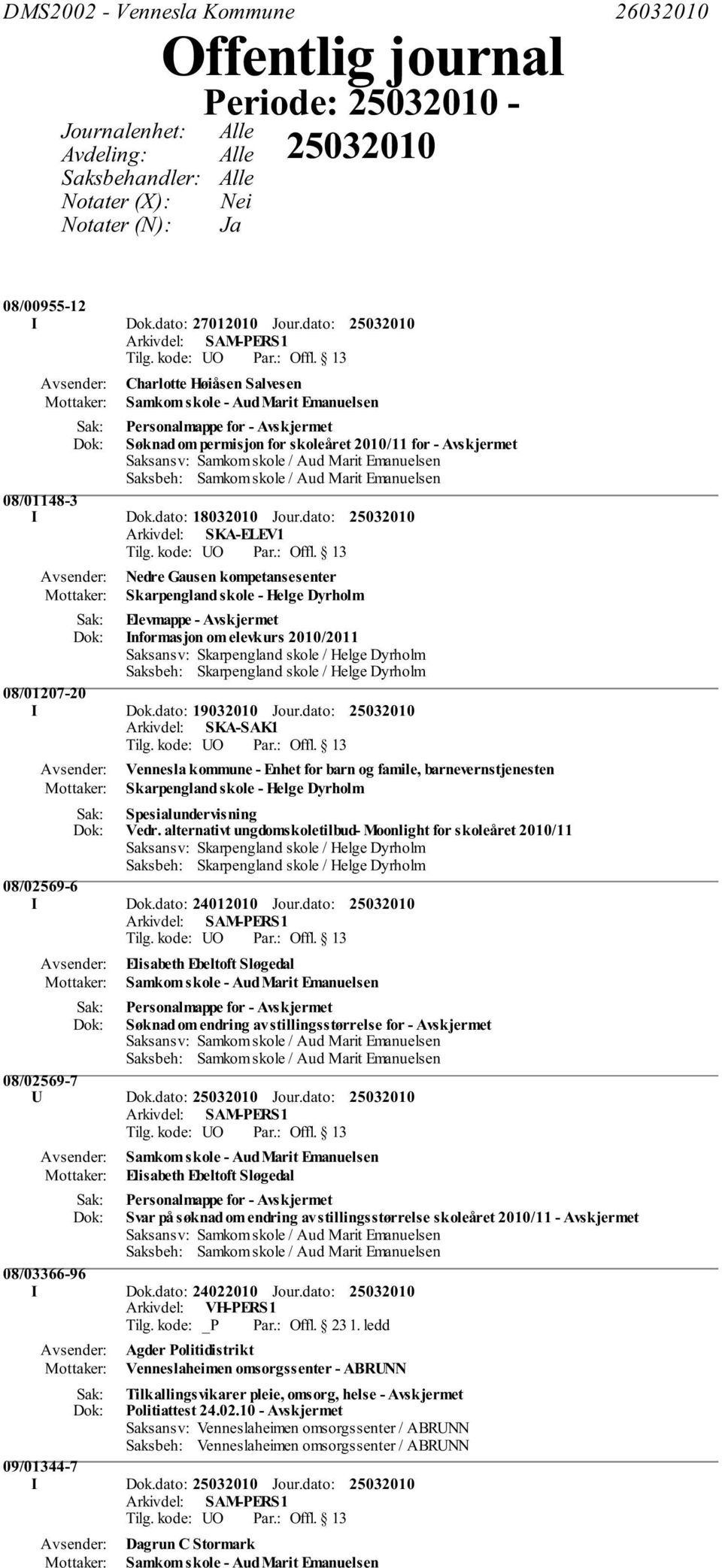 dato: Arkivdel: SKA-ELEV1 Nedre Gausen kompetansesenter Skarpengland skole - Helge Dyrholm Elevmappe - Informasjon om elevkurs 2010/2011 08/01207-20 I Dok.dato: 19032010 Jour.