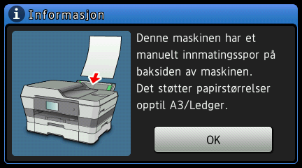 Når Mgsininnstilling vises på pekeskjermen, trykker u på Mgsininnstilling for å stille inn ppirstørrelse og ppirtype. Trykk på Mgsin 1 for å stille inn ppirstørrelse og ppirtype for mgsin nr.