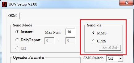 «Send Via» (fig. 8). Her velger man om bildene skal sendes via MMS eller GPRS. Se forklaring nederst i veiledningen. «MMS» bildene vil bli sendt som en MMS melding til telefon og/eller epost.