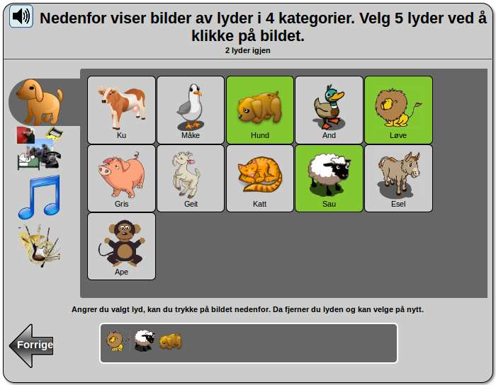 Figur 3: Registrering av lyder kategorier. Kategoriene deler lydene naturlig inn i dyrelyder, generelle lyder, sanger, og musikkinstrumenter.