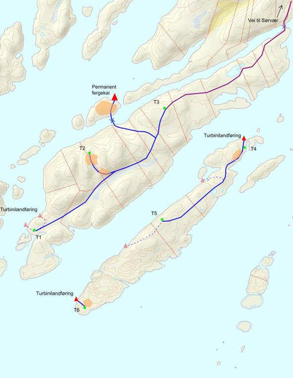 Figur 4.3. Planlagt infrastruktur i og ved planområdet. 4.4 Nettilknytning Vindkraftverket vil bli tilknyttet eksisterende nett i Bodø gjennom en sjøkabel fra planområdet og frem til Bodø by.