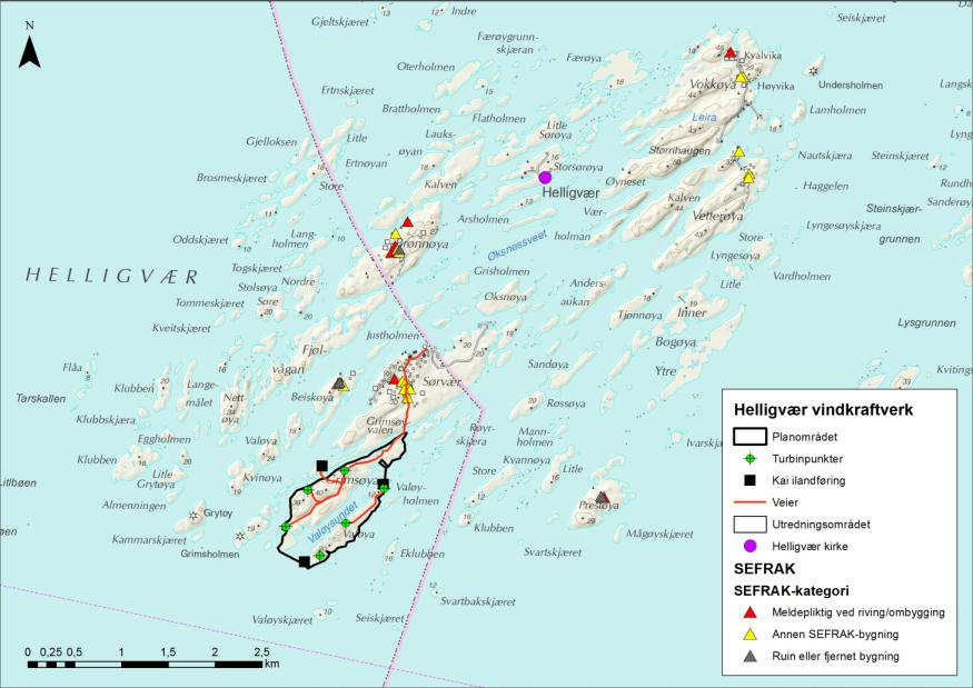 Figur 7.1. Lokaliseringen av SEFRAK-registreringer i Helligvær og Helligvær kirke. Objektene er digitalisert på bakgrunn av kartet i Miljøstatus i Norge (innsynsløsning). Tabell 7.2.