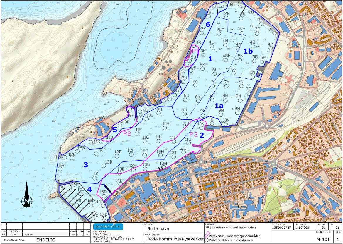 Figur 20: Inndeling av delområder med anmerket område for uttak av porevannskonsentrasjonsprøver. Tabell 6: Delområder i Bodø havn med tilhørende areal og antall prøver innhentet.