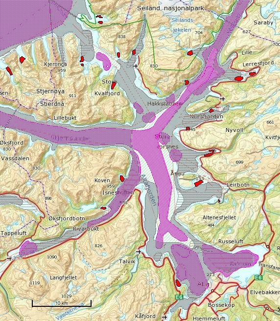 Begrensninger i arealtilgang Biofysiske forhold og utvalgte andre interesser Eksempel fra Alta Arealbeslag i sjø Km 2 % av sjøareal Anleggsareal i