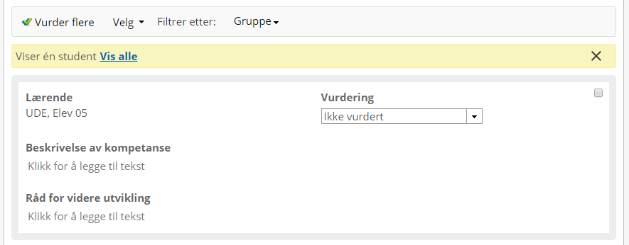 Kolonnen for halvårsvurdering er markert grønn og legger seg til venstre i vurderingsoversikten.