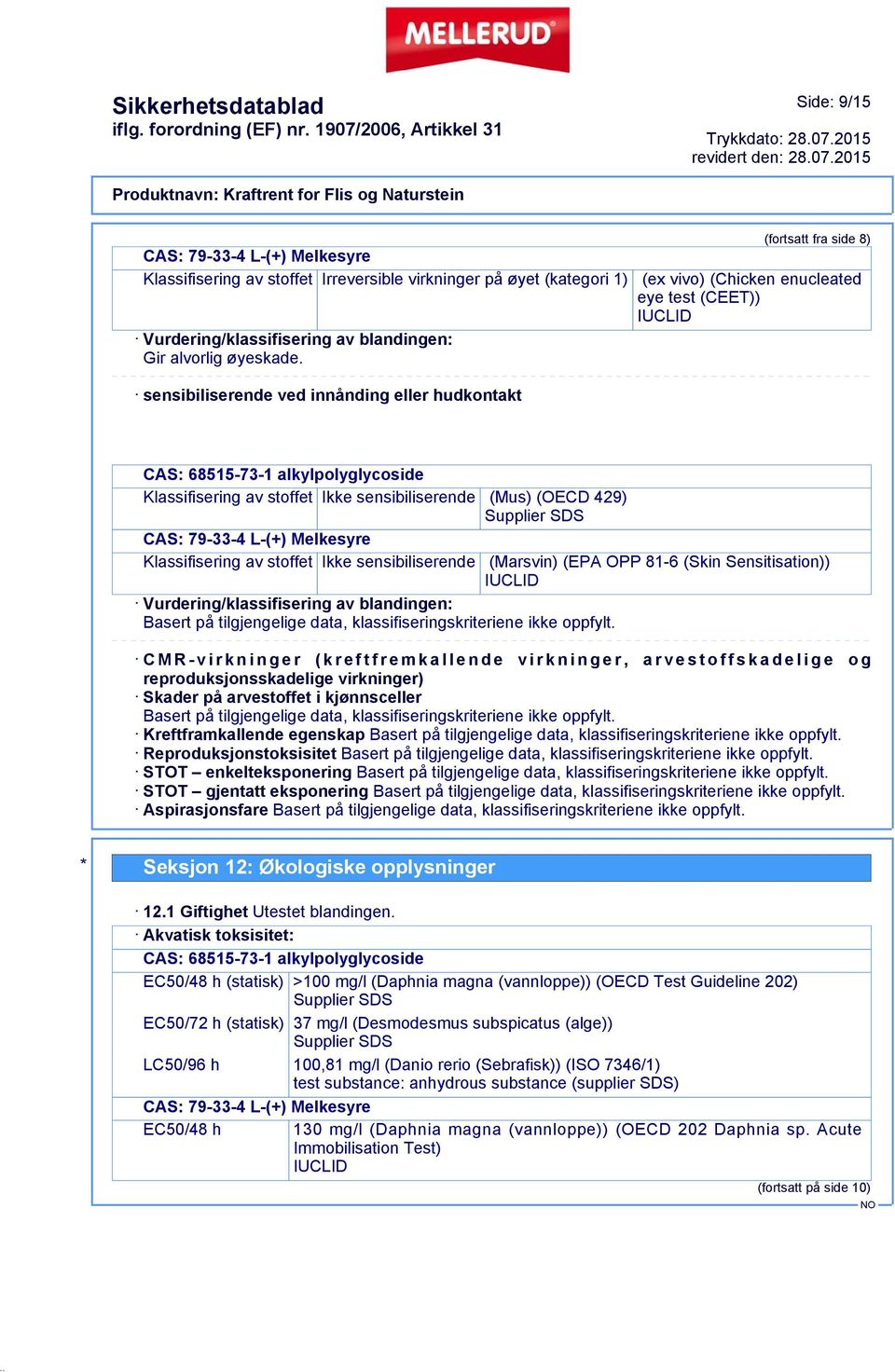 sensibiliserende ved innånding eller hudkontakt CAS: 68515-73-1 alkylpolyglycoside Klassifisering av stoffet Ikke sensibiliserende (Mus) (OECD 429) Supplier SDS CAS: 79-33-4 L-(+) Melkesyre