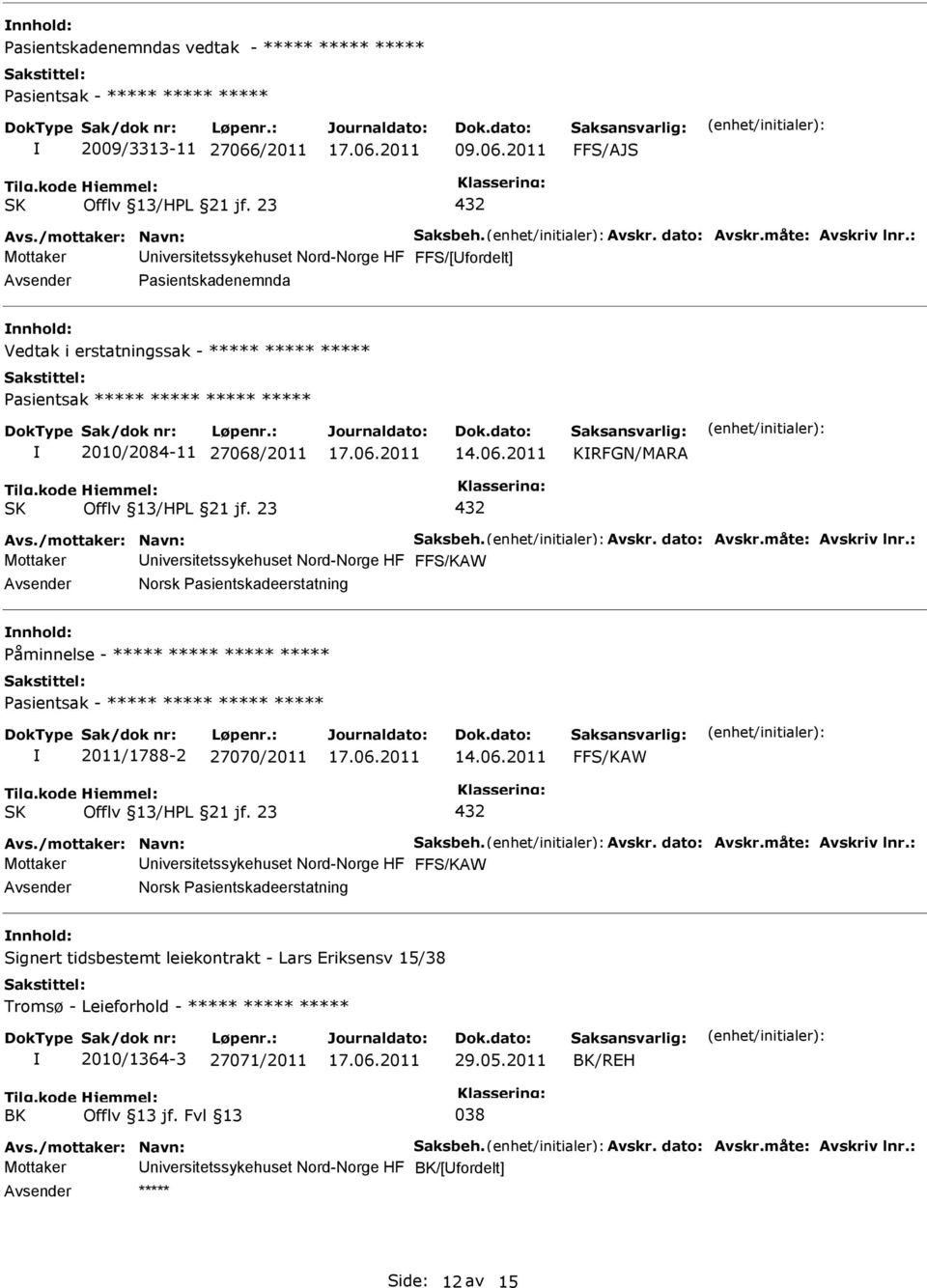 : Mottaker niversitetssykehuset Nord-Norge HF nnhold: Påminnelse - ***** ***** ***** ***** 2011/1788-2 27070/2011 Avs./mottaker: Navn: Saksbeh. Avskr. dato: Avskr.måte: Avskriv lnr.