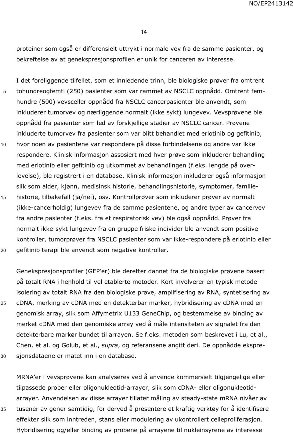 Omtrent femhundre (500) vevsceller oppnådd fra NSCLC cancerpasienter ble anvendt, som inkluderer tumorvev og nærliggende normalt (ikke sykt) lungevev.