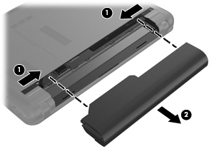 2. Skyv på batteriutløserne (1) for å løse ut batteriet, og ta deretter ut batteriet (2). Lade batteriet ADVARSEL: Ikke lad batteriet ombord i fly.