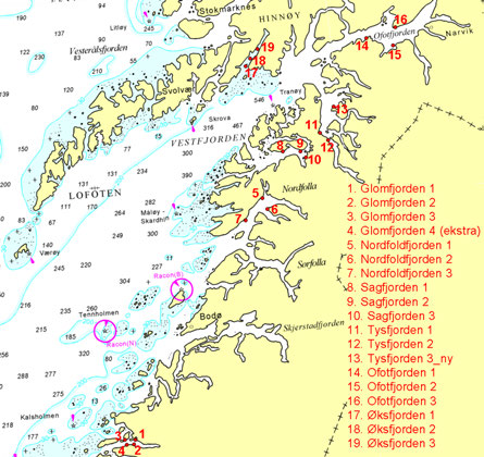 Figur 9. Stasjonsplasseringen for de 19 fjærestasjonene undersøkt i 2014. (kart fra geonorge.no, vmsserver) 3.