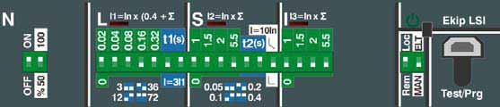 128 Tmax effektbrytere - innstilling av vern Eksempel på innstilling av vern Ekip LSI, XT2 og XT4 Ved innstilling på 100% vil vernet i N-leder bli det samme som i fasene (mest vanlig).