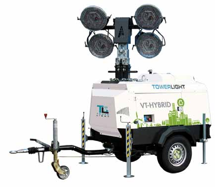 74 VT-HYBRID - den første og eneste hybride lysmasten på markedet Null CO 2 Null støy Maksimal høyde: 9m Masteseksjonen kan roteres 340 grader 4 x 150W LED-lamper Hydraulisk heving/senking av