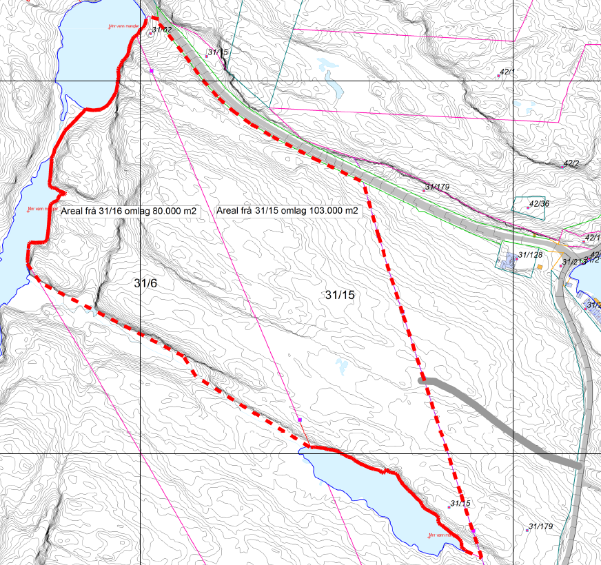 Figur 4. Sund kommune har vedteke å kjøpe areal, markert i kartet med rød strek/stipla linje. 6. Plantype Planen vert regulert som ein detaljregulering jf. pbl 12-3.