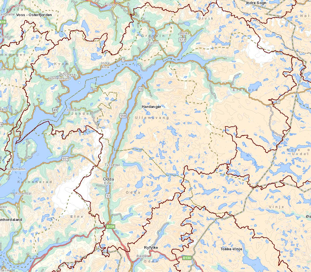 Ulvik 721 1118 Kvam 617 8442 Jondal 210 1041 Odda 1616 6985 Sum 6268 22897 Av eit totalt areal i desse sju kommunane på 6268 km2, ligg 4891 km2 i Hardanger aassområde.