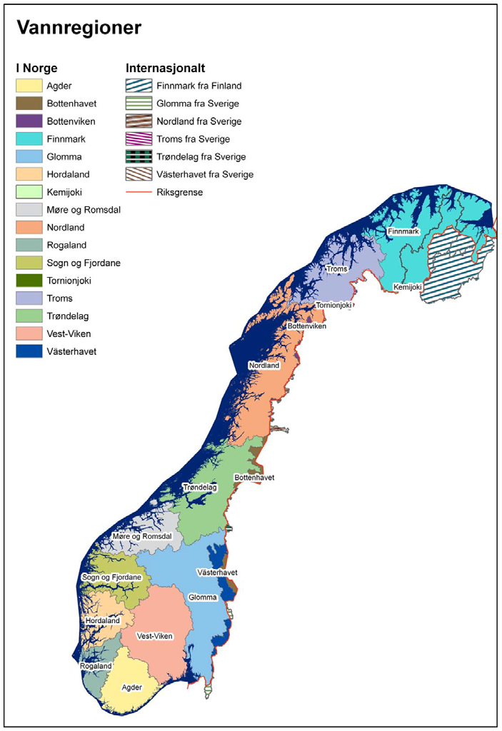 vassforvaltingsplan med tiltaksprogram. Vassregionane følgjer ikkje kommune- og fylkesgrenser, men nedbørsfelt.