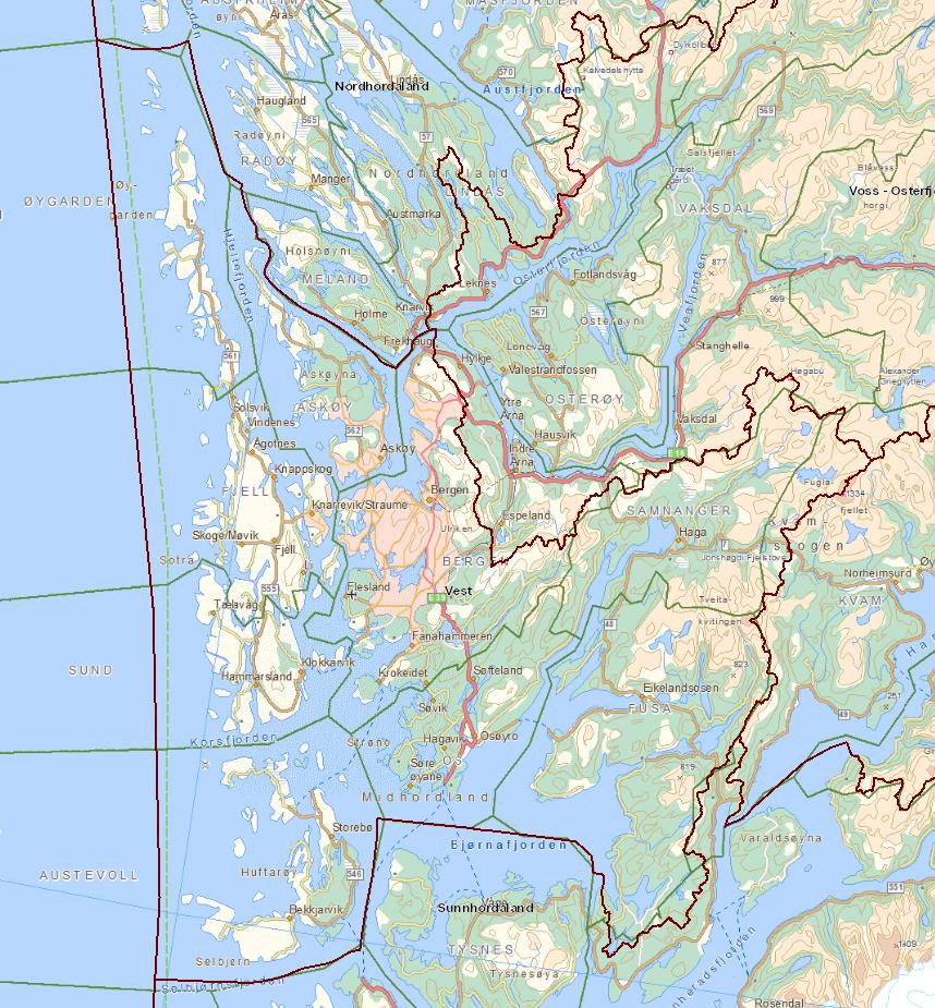 6.1 Vassområde Vest Vassområde Vest (heretter Vassområde Vest) ligg vest i Hordaland og består av 9 kommunar; Askøy, Austevoll, Bergen, Os, Fjell, Fusa, Samnanger, Sund og Øygarden, samt mindre delar