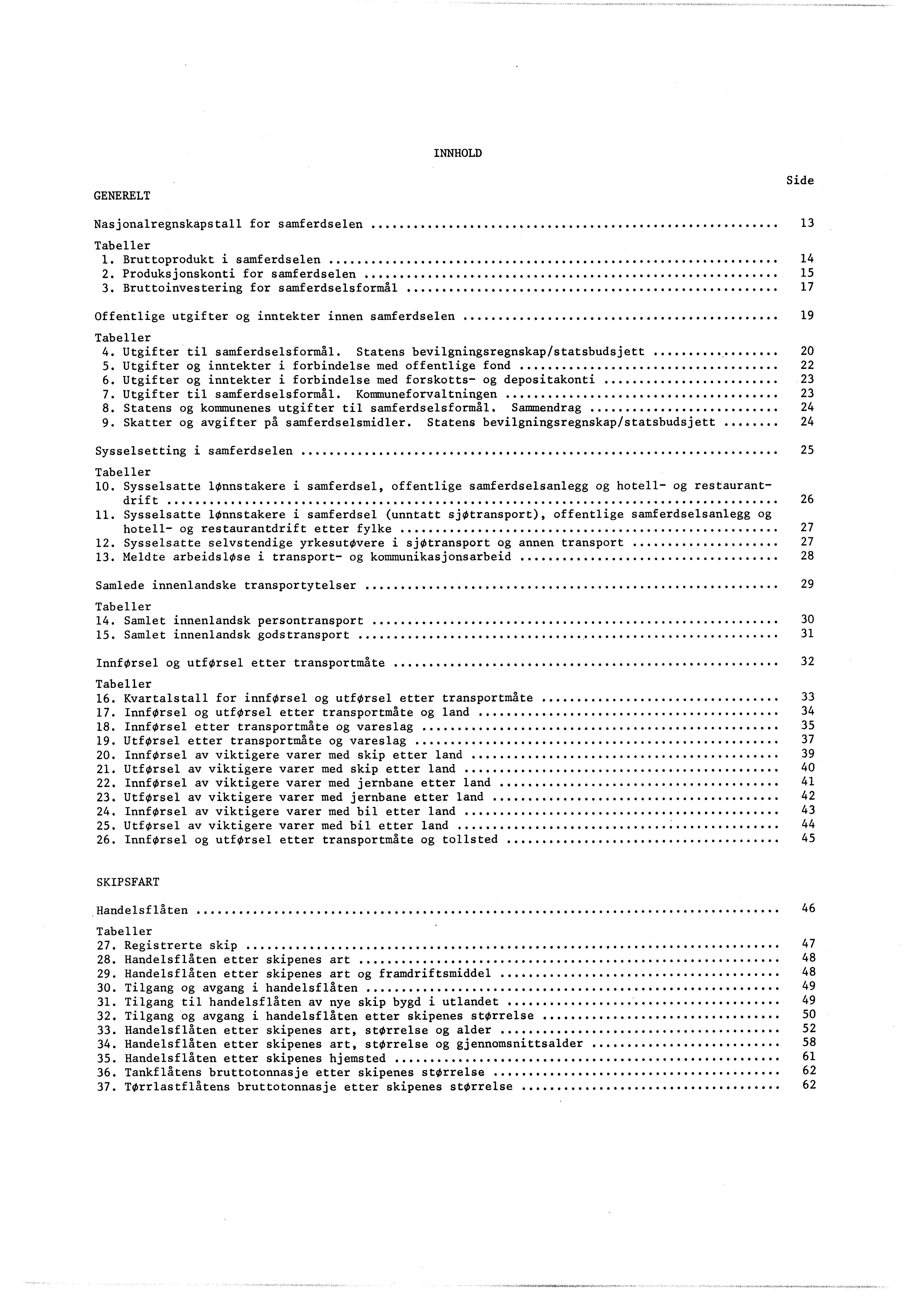INNHOLD GENERELT Side Nasjonalregnskapstall for samferdselen 3 Tabeller. Bruttoprodukt i samferdselen 4 2. Produksjonskonti for samferdselen 5 3.
