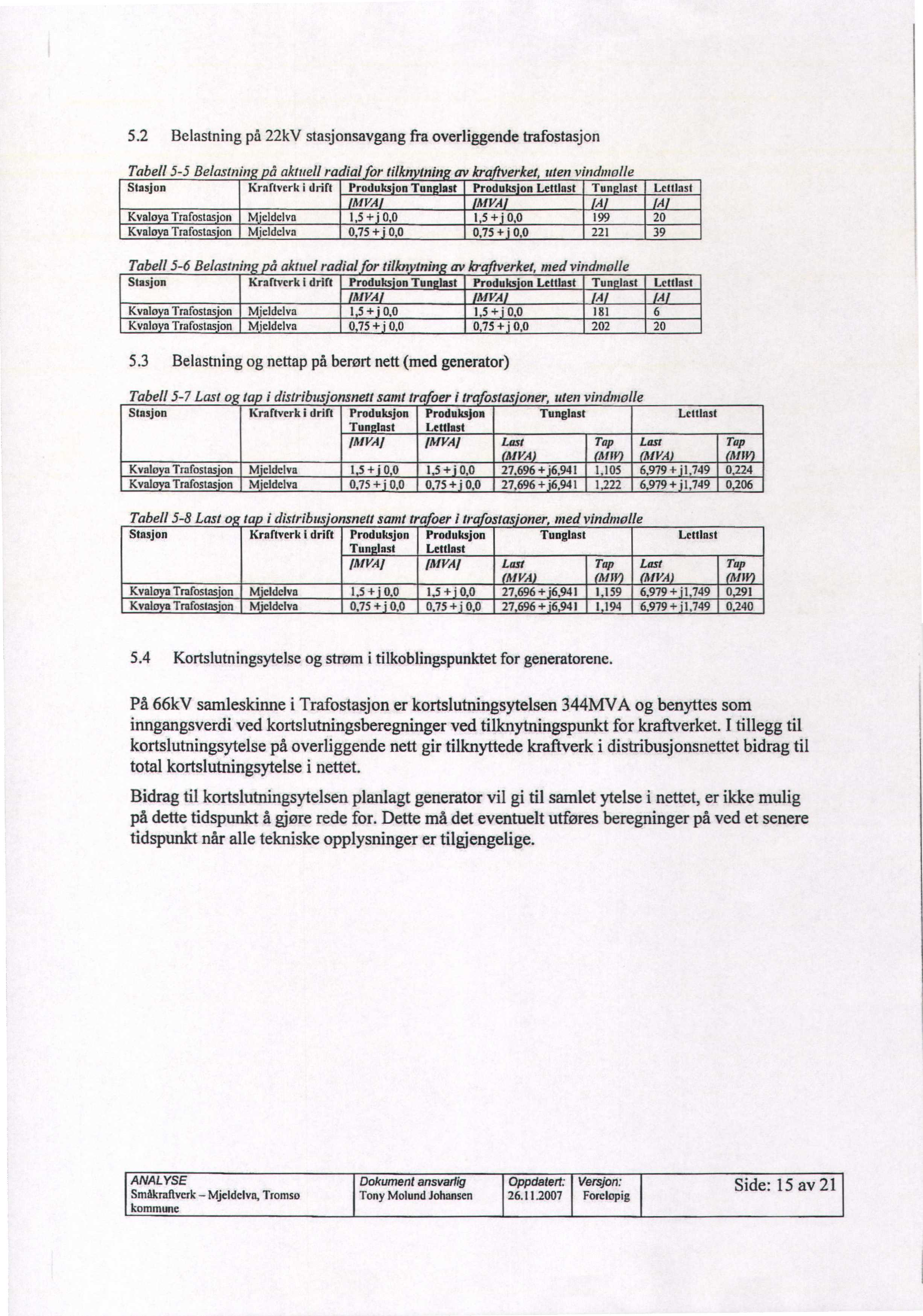 5.2 Belastning på 22kV stasjonsavgang fra overliggende trafostasjon Tabell 5-5 Belastnin å aktuell radial or tilkn tnin av kra tverket, uten vindmolle Stasjon Kraftverk i drift Produks'on Tun last