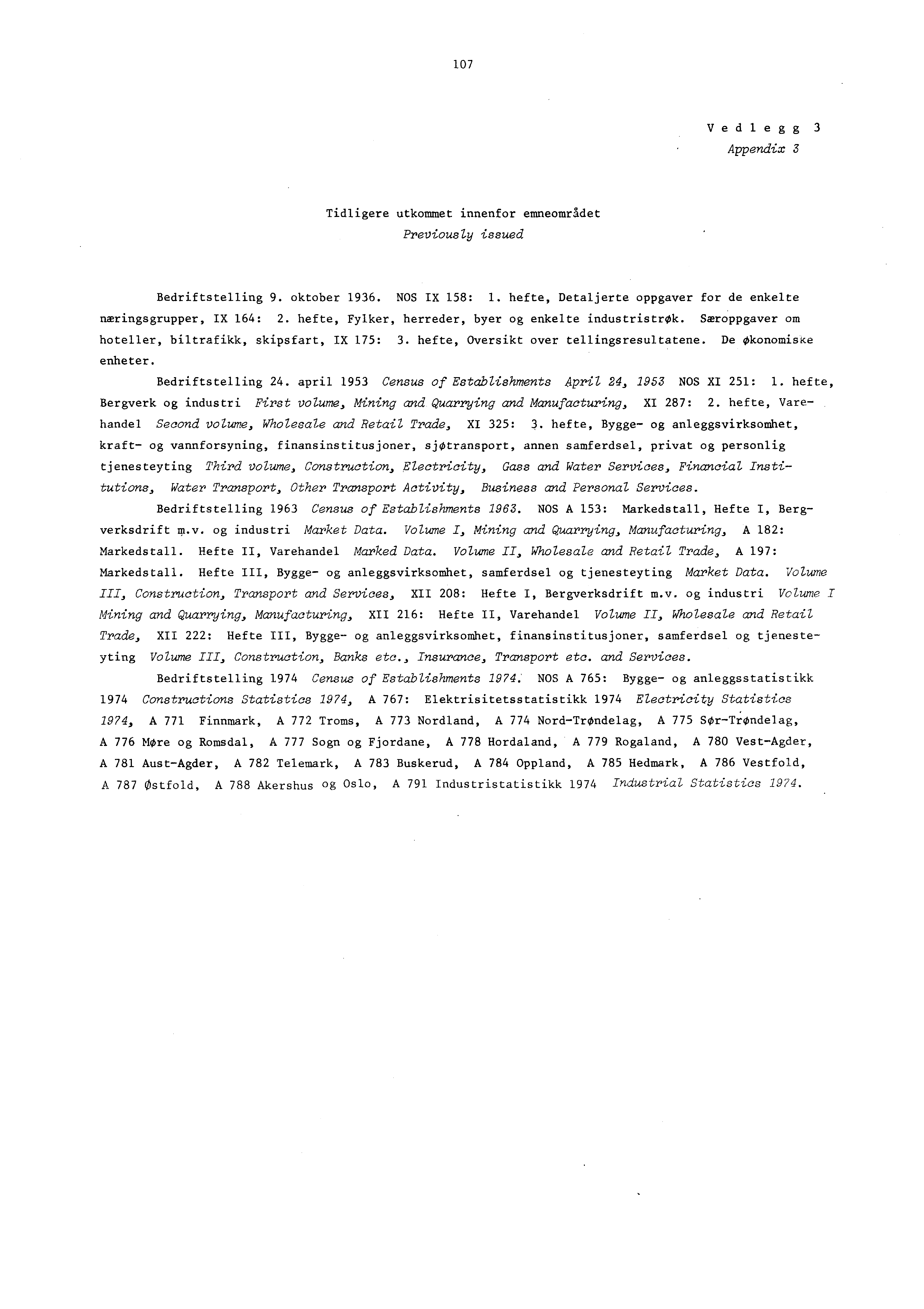 107 Vedlegg3 Appendix 3 Tidligere utkommet innenfor emneområdet Previously issued Bedriftstelling 9. oktober 1936. NOS IX 158: L. hefte, Detaljerte oppgaver for de enkelte næringsgrupper, IX 164: 2.