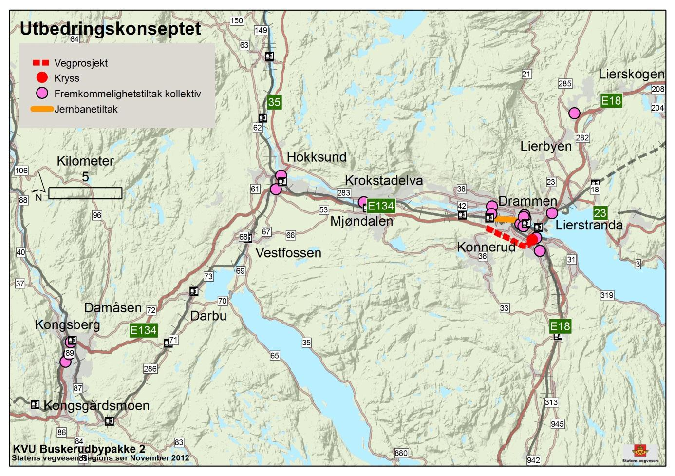 11.2.5.1 Jernbanetiltak 11.2.5.1.1 Tiltak som ble videreført til konseptet I konseptet er det lagt til grunn halvtimesfrekvens mellom Drammen og Hokksund, og timesfrekvens videre til Kongsberg.