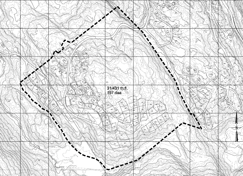 Det samla området som skal inngå i reguleringsplanen er vist på kartet nedanfor med avgrensing. Planområdet utgjer totalt ca. 197 daa. Kart som viser plangrensa. 2.