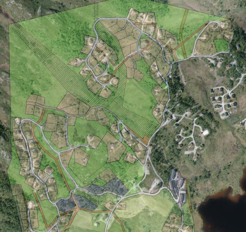 Kartutsnitt med planframlegget og hovudferdselstrasear sommar (rød) og vinter (blå) som vert råka av framlegg til utbygging.