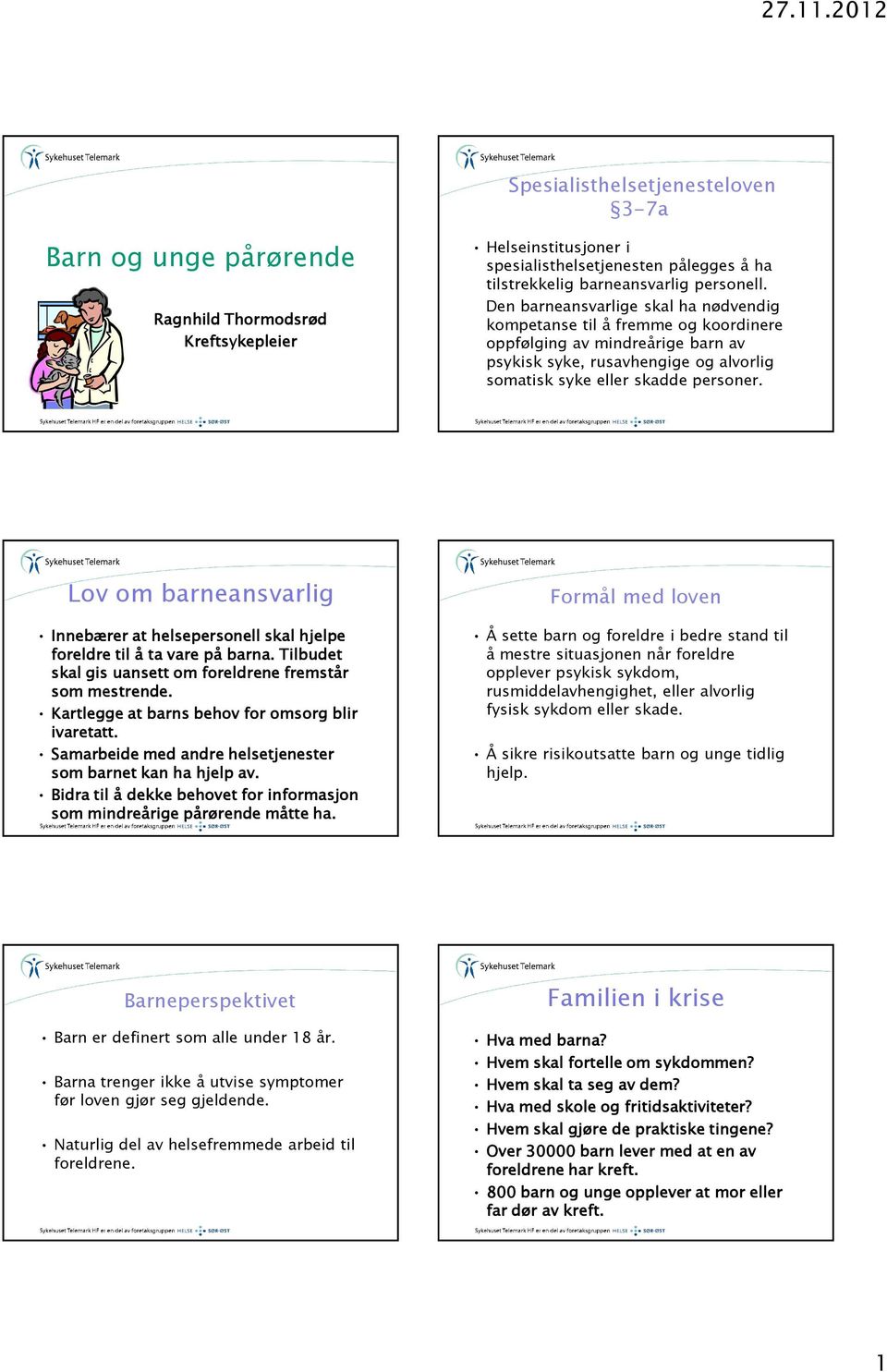 Lov om barneansvarlig Innebærer at helsepersonell skal hjelpe foreldre til å ta vare på barna. Tilbudet skal gis uansett om foreldrene fremstår som mestrende.