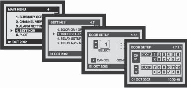 4.7 Oppsett dørbryter Fra hovedmenyen trykk for å velge 4. Settings, deretter for å bekrefte valget. Gjenta i neste meny for å velge 7. Door Setup.