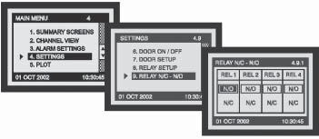 4.9 Relé normalt lukket (N/C) / normalt åpen (N/O) funksjon Fra hovedmenyen trykk for å velge 4. Settings deretter for å bekrefte valget. Gjenta så i neste meny for å velge 9. Relay N/C - N/O.