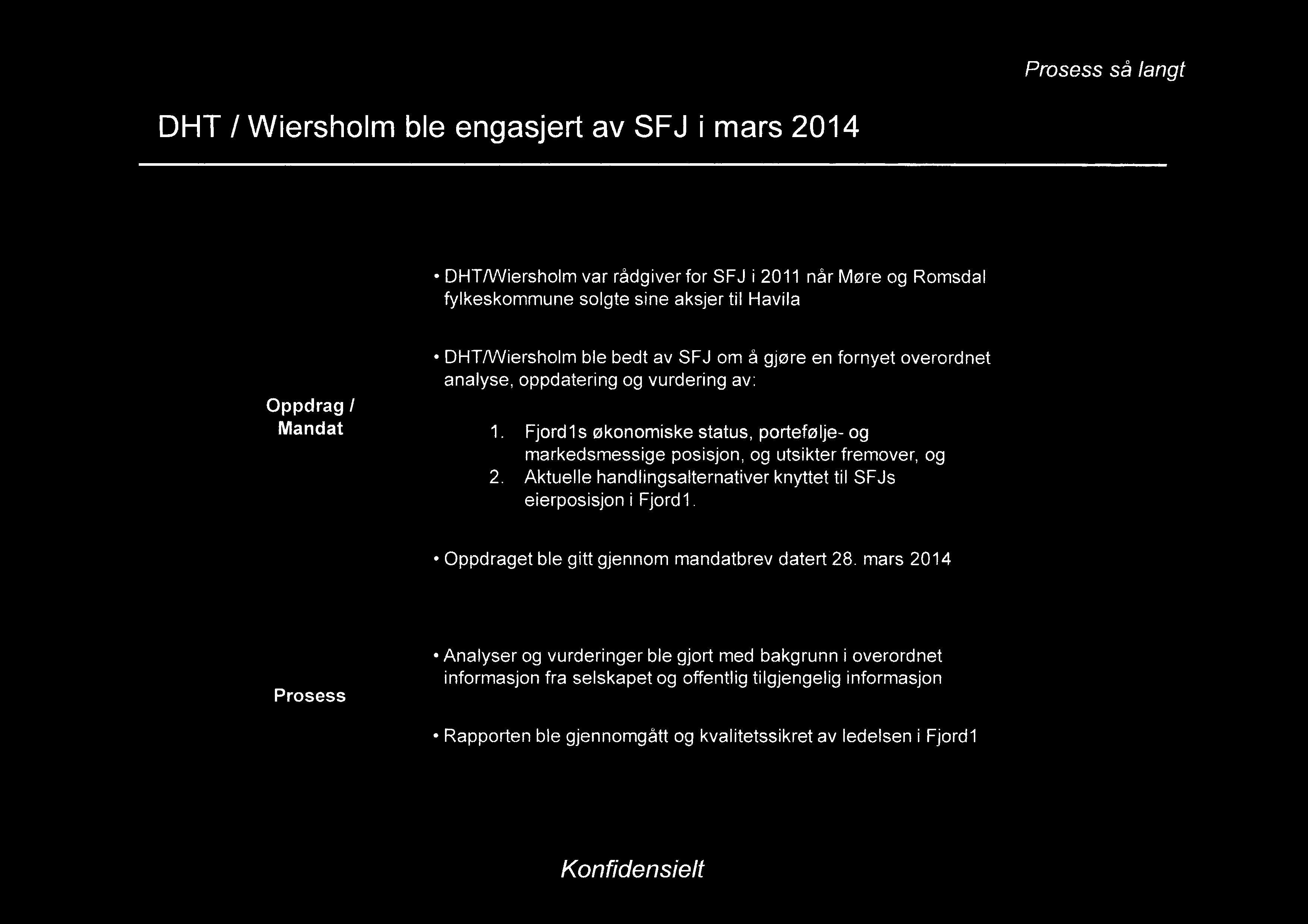 Prosess så langt DHT / Wiersholm ble engasjert av SFJ i mars 2014 DHT/Wiersholm var rådgiver for SFJ i 2011 når Møre og Romsdal fylkeskommune solgte sine aksjer til Havila Oppdrag I Mandat