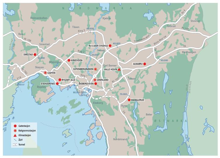 4 Hvordan overvåkes luftkvaliteten? I 2013 ble luften overvåket ved elleve målestasjoner i Oslo, se Figur 2.