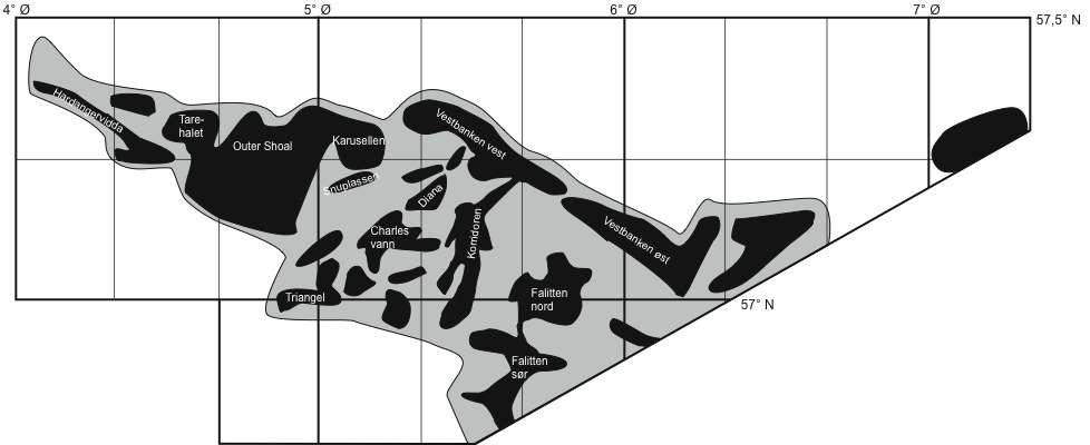 3 Æ 4 Æ 5 Æ 57 N Inner Shoal 2.5 56,5 N Fig. 2a. Posisjon for tobisfeltene Inner Shoal i NØS. Fig. 2b.