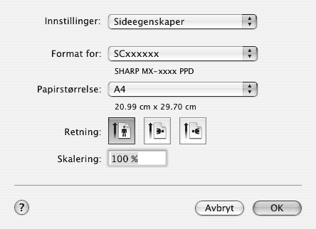 Macintosh Følgende eksempel viser hvordan du skriver ut et dokument i -format fra TextEdit (SimpleText i Mac OS 9), som er et standard tilleggsprogram i Macintosh-maskiner.