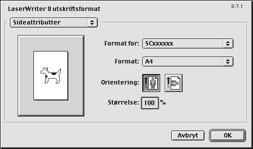 MAC OS 9 (1) 1 Åpne sideoppsettvinduet i SimpleText. (1) Åpne [Fil]-menyen. (2) Åpne [Sideoppsett]. (2) (1) (2) 2 Velg papirinnstillinger. (1) Kontroller at riktig skriver er valgt.