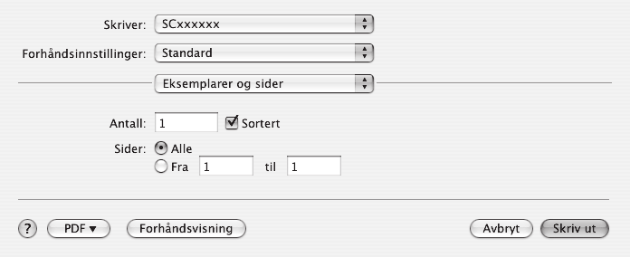 Skrive ut en fil MAC OS X (1) 1 Kjør utskrift fra TextEdit. (1) Åpne [Fil]-menyen. (2) Velg [Skriv ut]. (2) (1) (2) (3) 2 Velg utskriftsinnstillinger og klikk på [Skriv ut]-tasten.