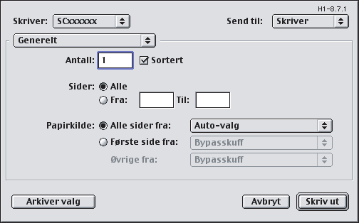 MAC OS 9 (1) 1 Kjør utskrift fra SimpleText. (1) Åpne [Fil]-menyen. (2) Velg [Skriv ut]. (2) (2) (1) (3) 2 Velg utskriftsinnstillinger og klikk på [Skriv ut]-tasten.