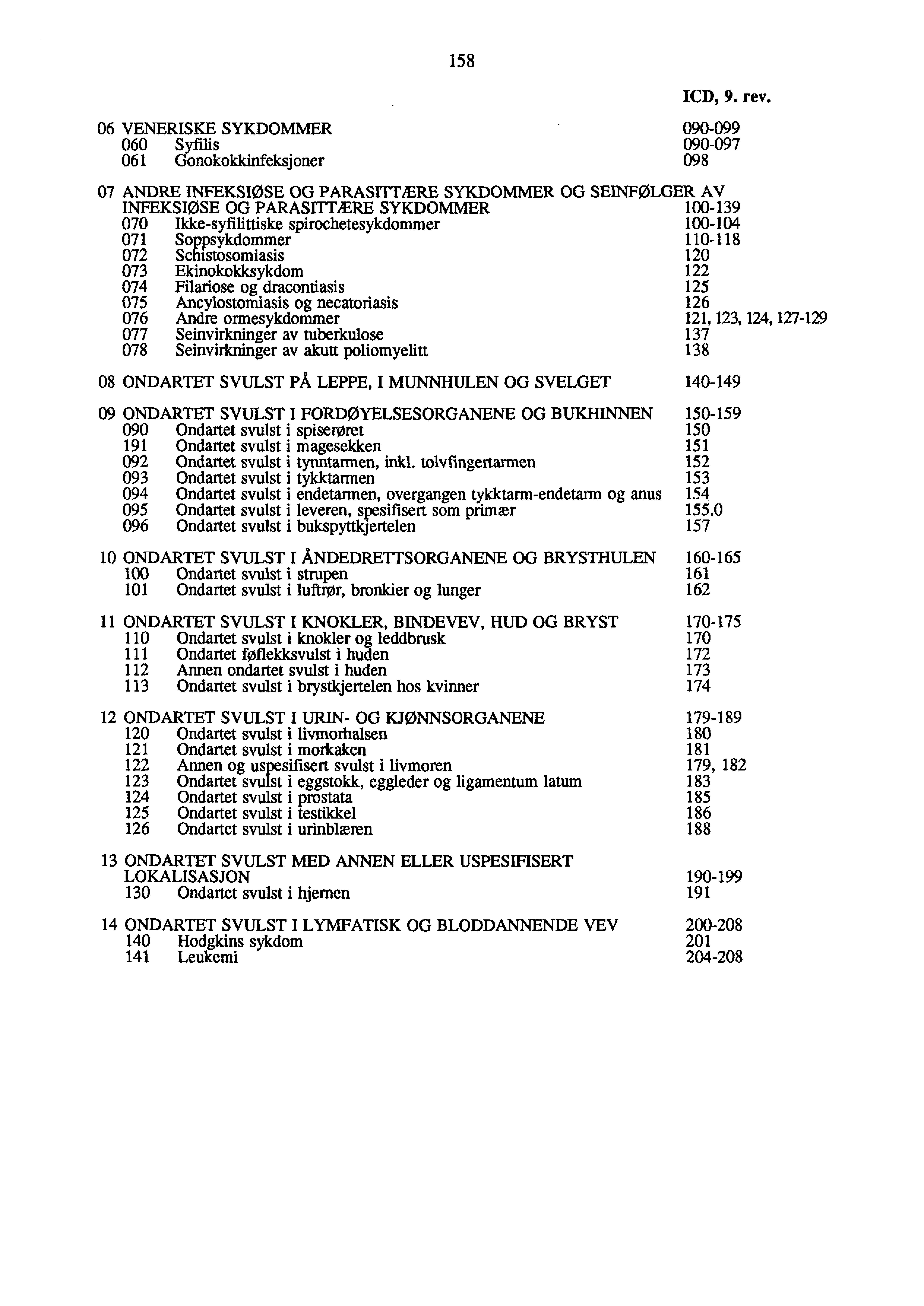 06 VENERISKE SYKDOMMER 060 Syfilis 06 Gonokokkinfeksjoner 58 07 ANDRE INF'EKSIOSE OG PARASITTIERE SYKDOMMER OG INFEKSIOSE OG PARASMÆRE SYKDOMMER 070 Ikkesyfilittiske spirochetesykdommer 07