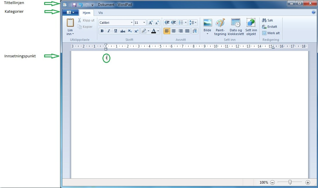 Aktivitet B Vinduet i Wordpad Vi skal se på programvinduet i Wordpad og bli bedre kjent med de ulike delene av vinduet (se illustrasjon). NB!