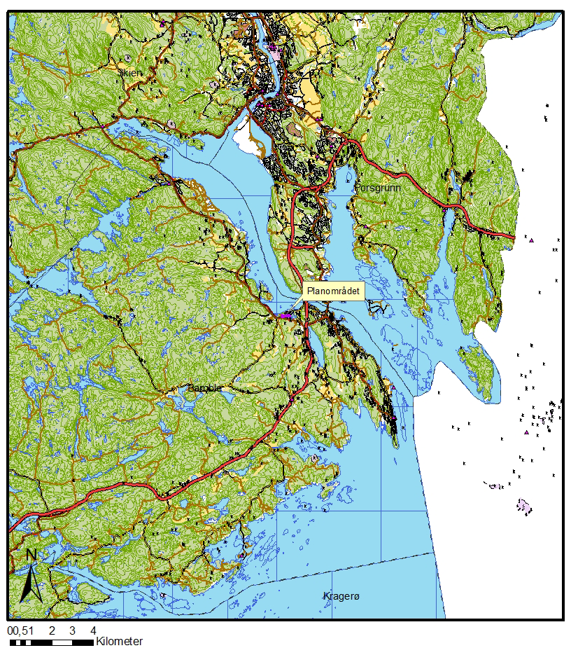 Området Planområdet ligger i den nordøstlige delen av Bamble kommune. Den østlige delen av planområdet består av boligområde, mens den vestlige delen er ubebygd.