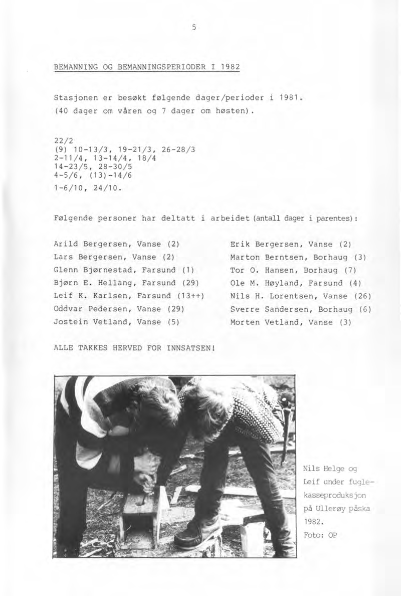 5 BEMANNING OG BEMANNINGSPERIODER I 1982 Stasjonen er besøkt følgende dager/perioder i 1981. (40 dager om våren og 7 dager om høsten).