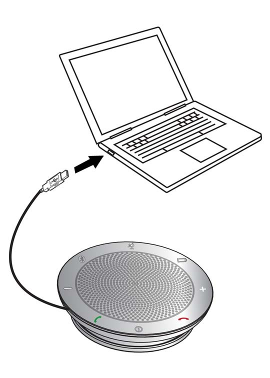 3 Konfigurere høyttalertelefon Slå på høyttalertelefonen 1. Koble USB-kabelen fra høyttalertelefonen til en USB-port på datamaskinen.