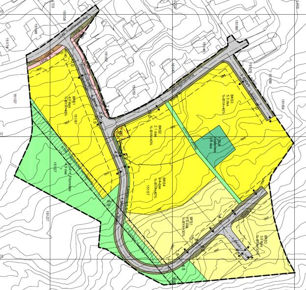 Planforslaget inneholder områder for ny boligbebyggelse, konsentrert småhusbebyggelse og frittliggende eneboliger, interne veger, grøntareal mm.