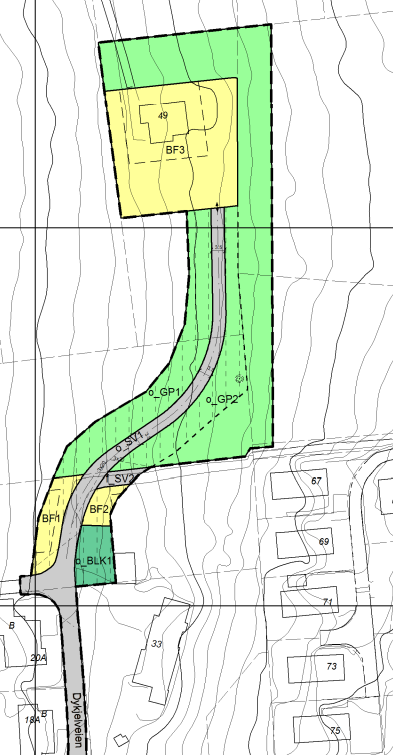 Beskrivelse av planfrslaget Gauselveien 49 freslås å få avkjørselen via eiendm 14/214 g videre via Dykjelveien. Den nye atkmstvegen vil kbles mt kmmunalveg Dykjelveien via en etablert snuhammer.