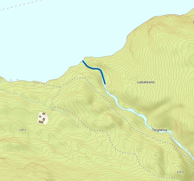 TEIGSELVA Kartutsnitt fra Norgeskart.no, med påtegning blå strek som viser el.fisket og undersøkt område.