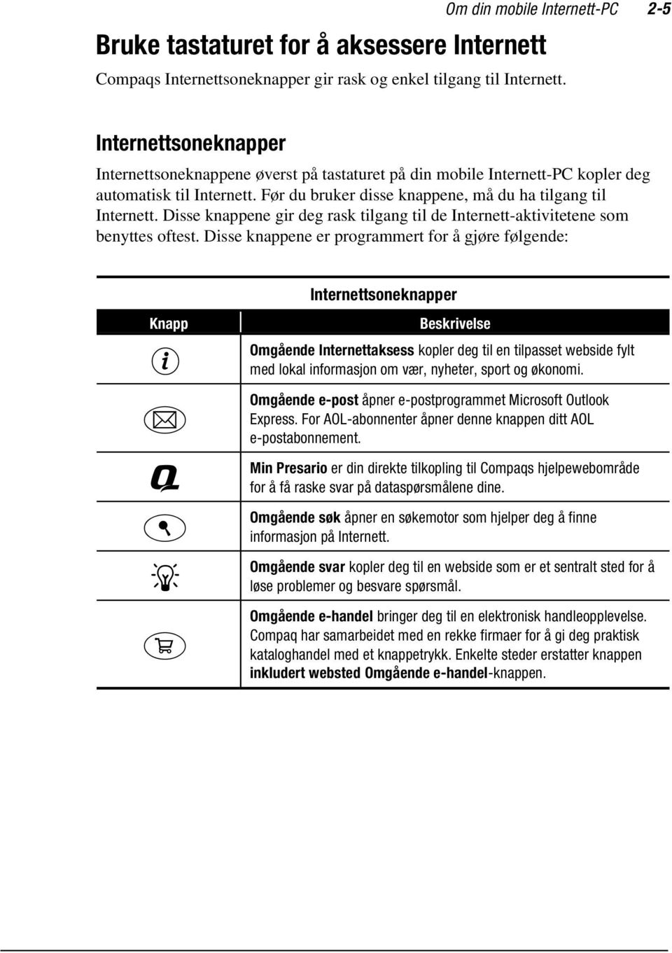 Disse knappene gir deg rask tilgang til de Internett-aktivitetene som benyttes oftest.