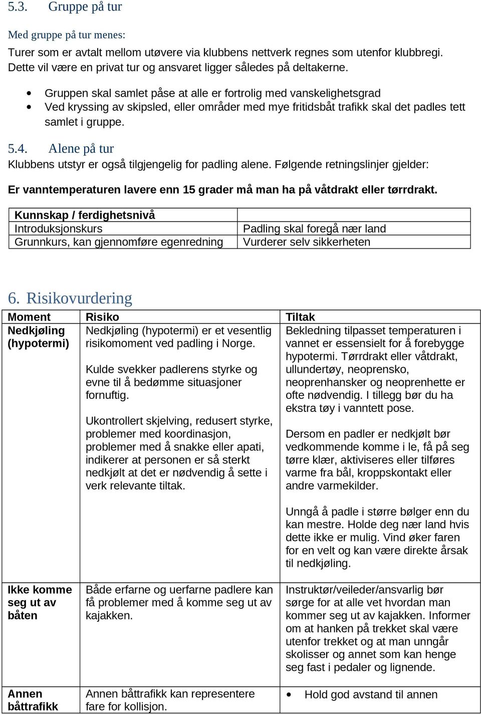 Gruppen skal samlet påse at alle er fortrolig med vanskelighetsgrad Ved kryssing av skipsled, eller områder med mye fritidsbåt trafikk skal det padles tett samlet i gruppe. 5.4.